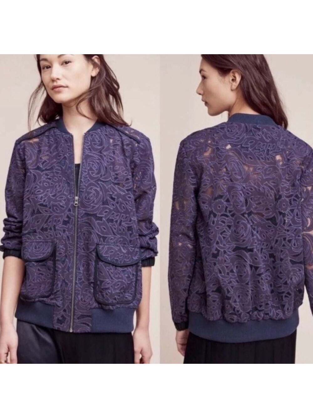 Anthropologie Elevenses Miranda Lace Bomber Jacket Blue/Purple Medium